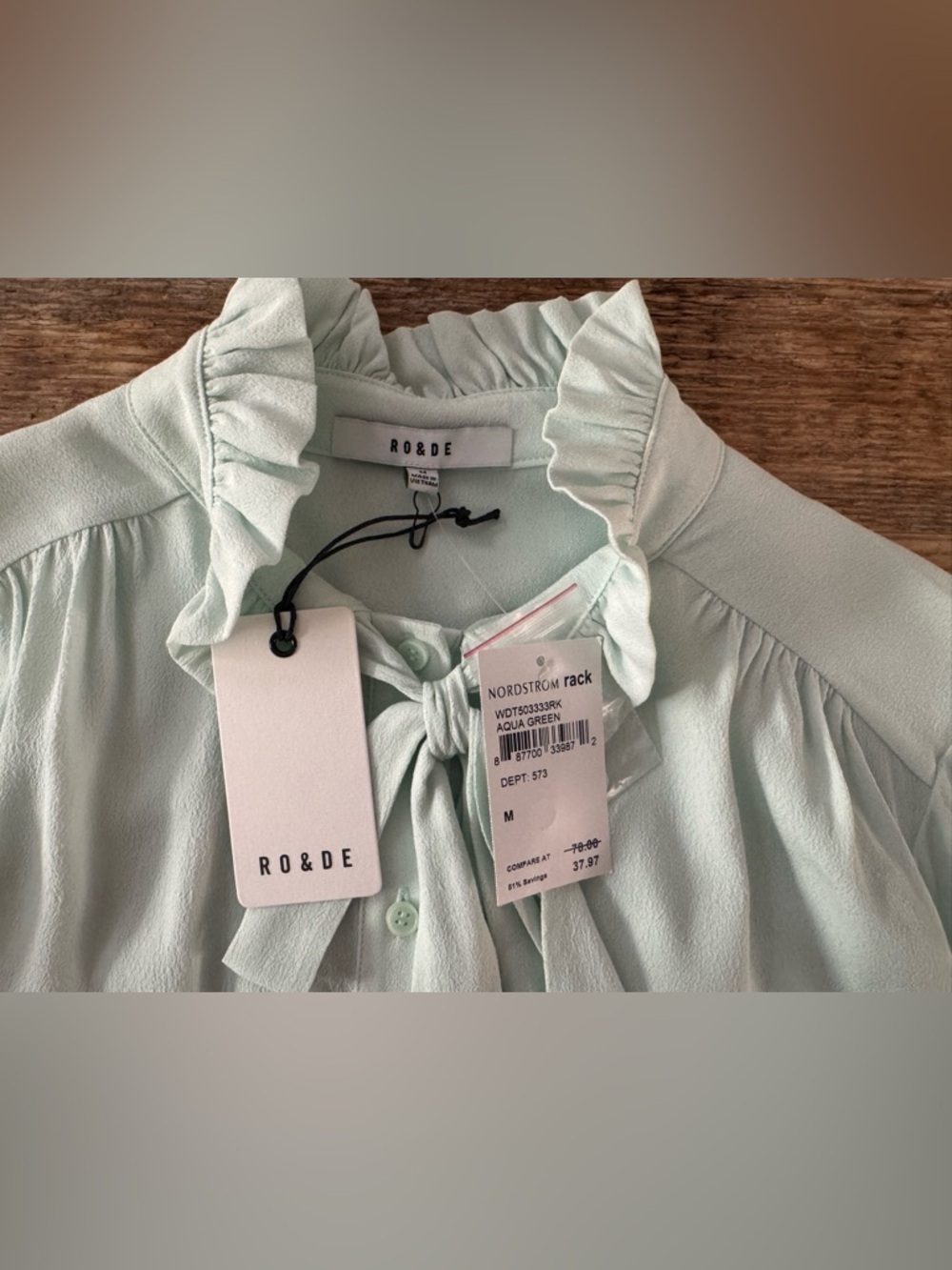 NWT RO&DE Womens Aqua Green Ruffle Tie-neck blouse Size M - Picture 6 of 6